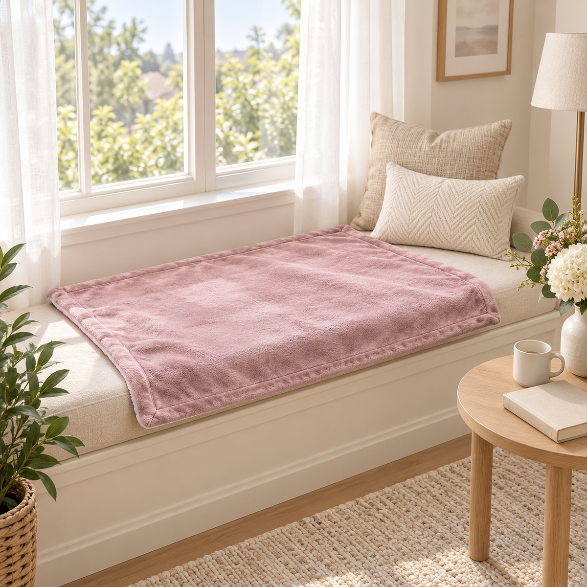 Morivel pink plush throw blanket opened along a pale window perch upstairs #color_pink