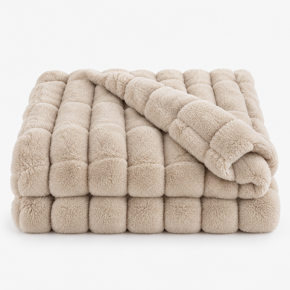 Morleni beige faux fur blanket loosely folded on a plain white background