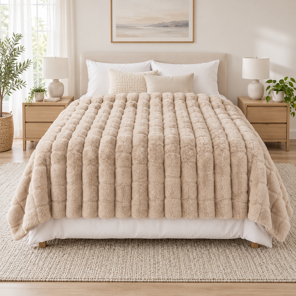 Morleni beige plush throw blanket with raised ribs spread across a whole made queen bed in daylight