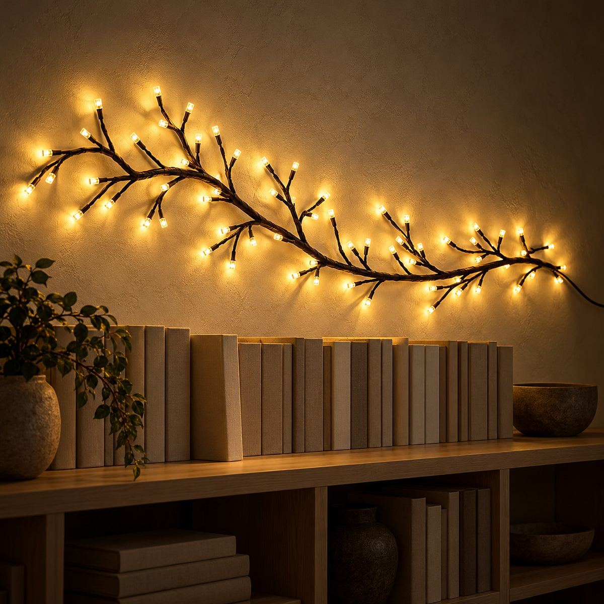 Morlica dark brown USB vine string light glowing warm over library shelves at night