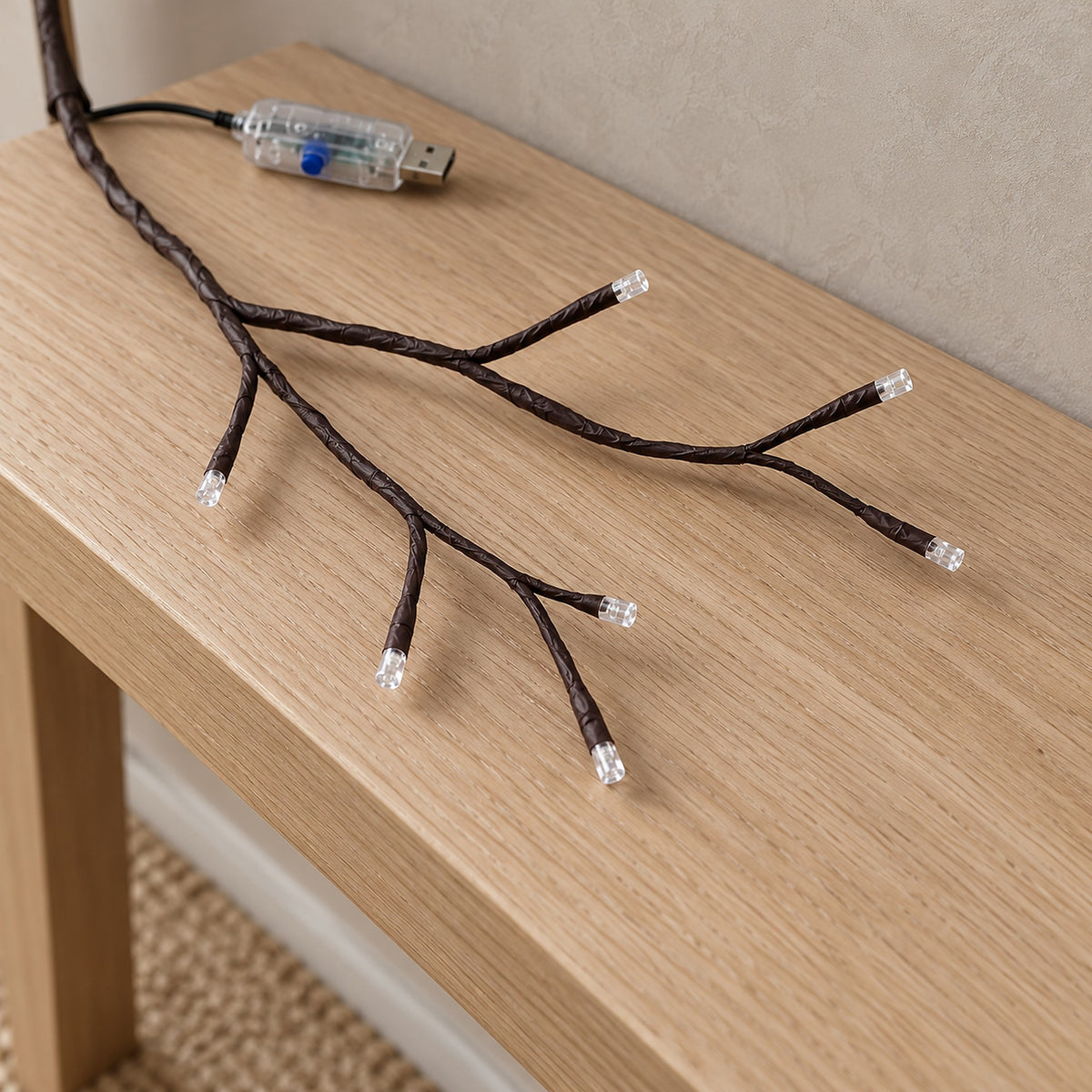 Morlica dark brown USB vine string light up close, showing its unlit bare LED tips
