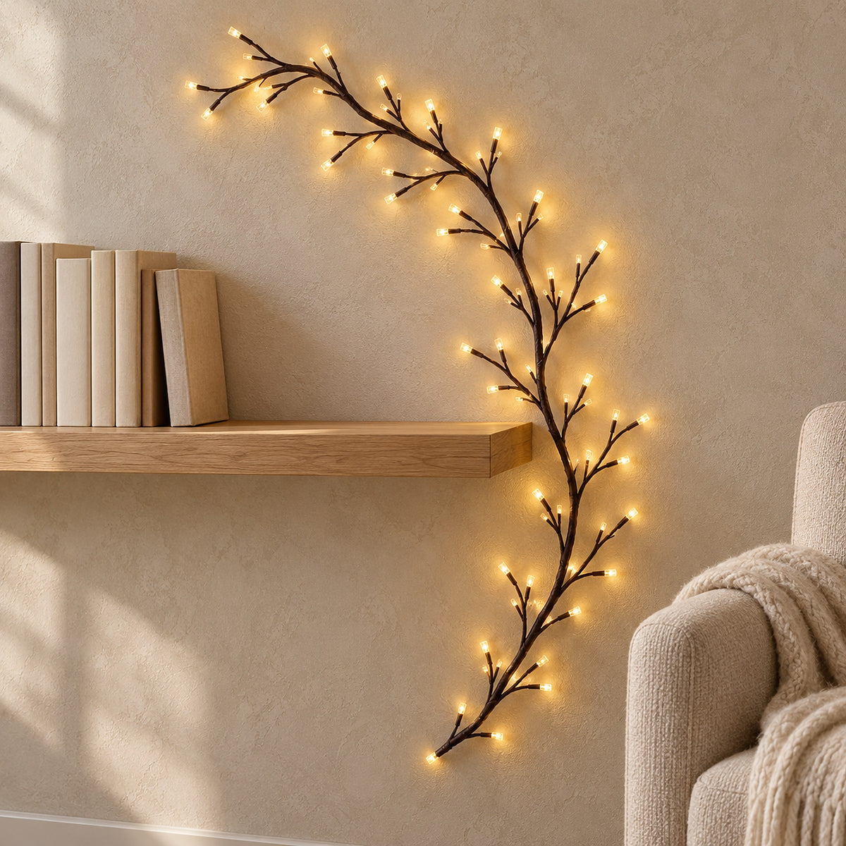 Morlica dark brown USB vine string light glowing beside a library shelf in daylight