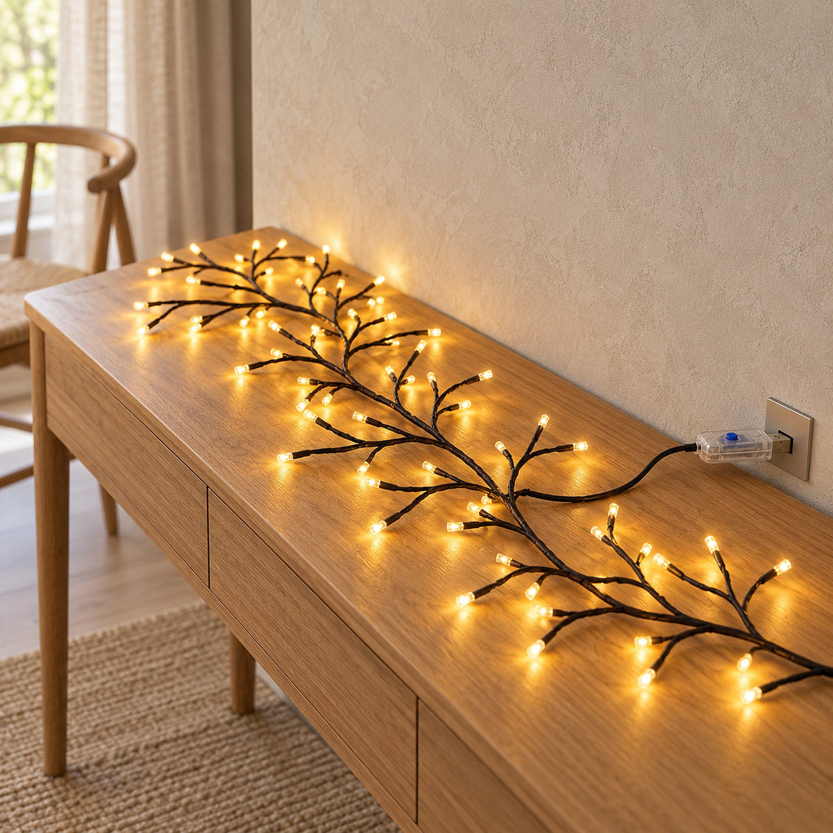 Morlica dark brown USB vine string light and its 8 function USB controller in a study