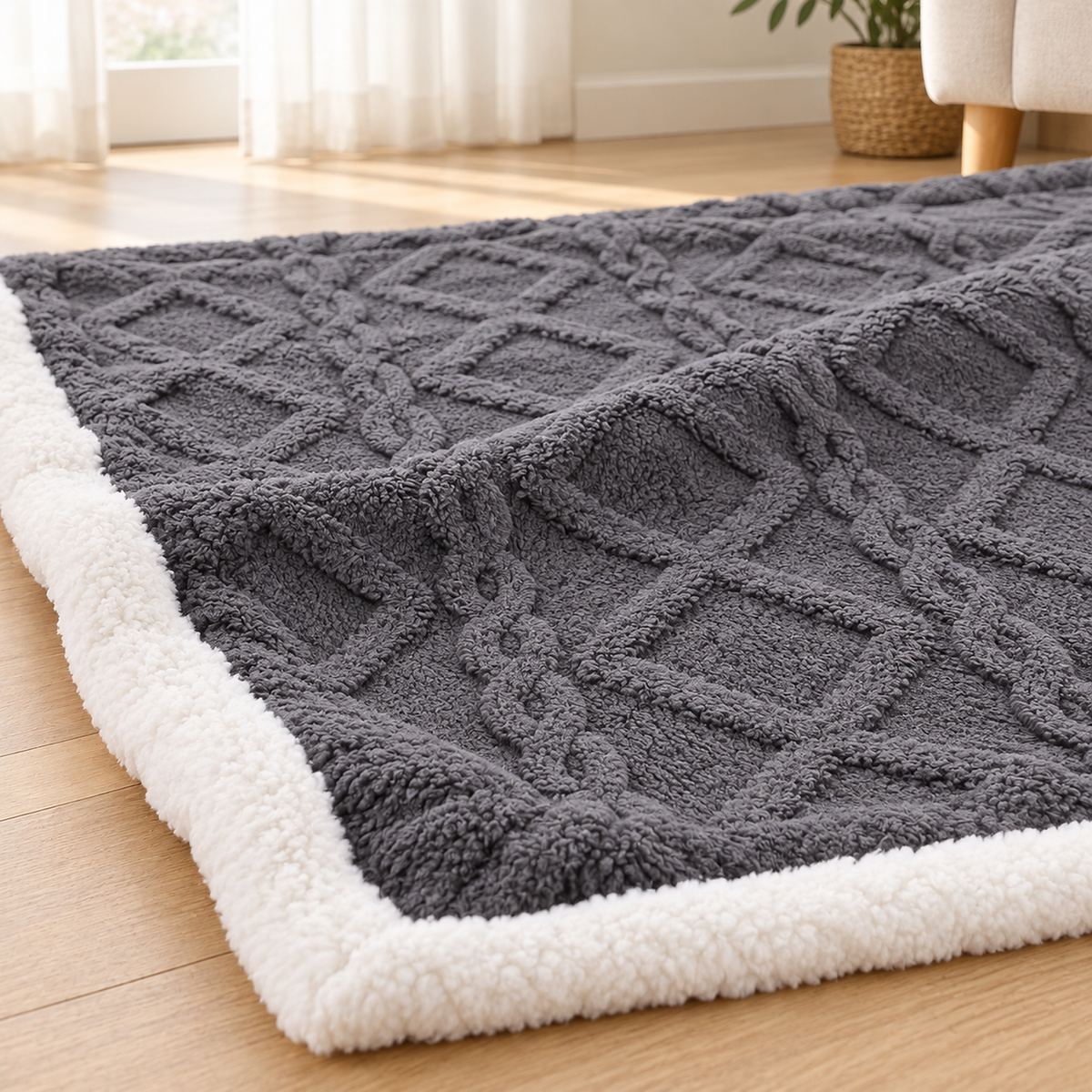 Mosilen charcoal and white fleece throw blanket close up showing the raised diamond texture and pile