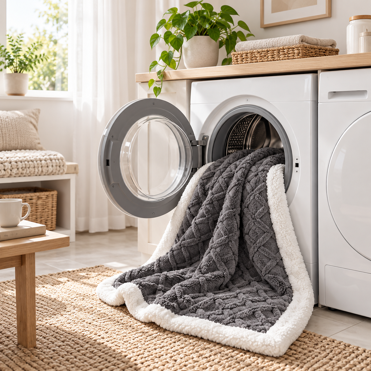 Mosilen charcoal and white fleece throw blanket ready for a cold machine wash beside a home dryer
