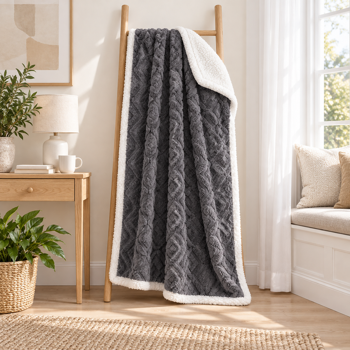 Mosilen charcoal and white reversible sherpa blanket hanging face outward on a hallway blanket ladder