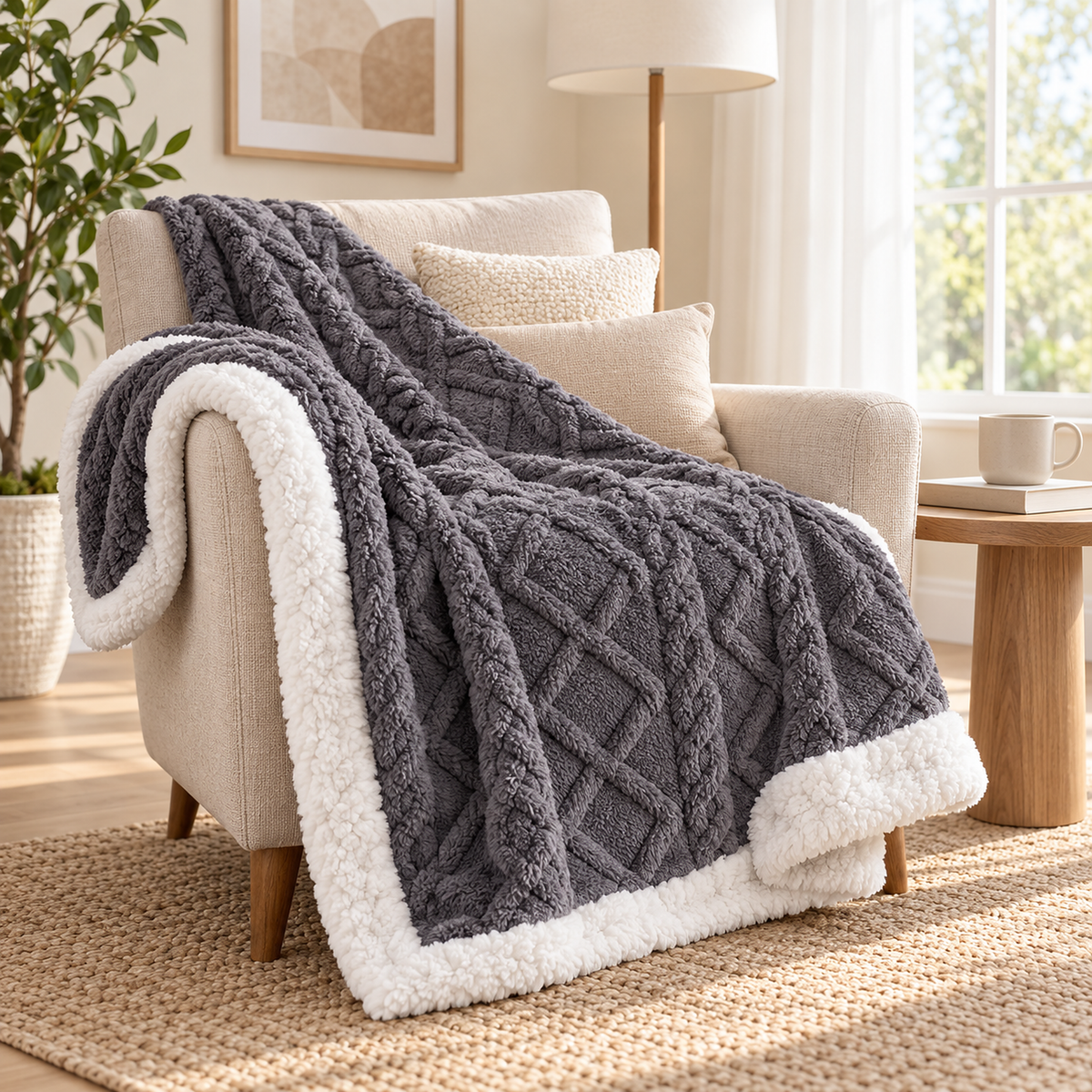Mosilen charcoal and white sherpa throw blanket arranged for lap coverage in a reading corner armchair