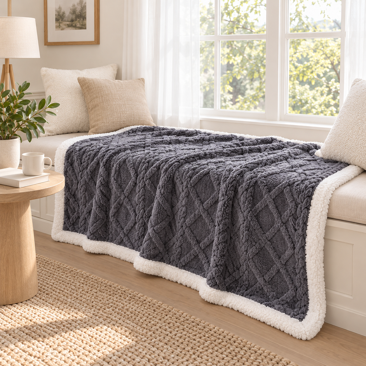 Mosilen charcoal and white soft throw blanket opened across a bright breakfast alcove window seat