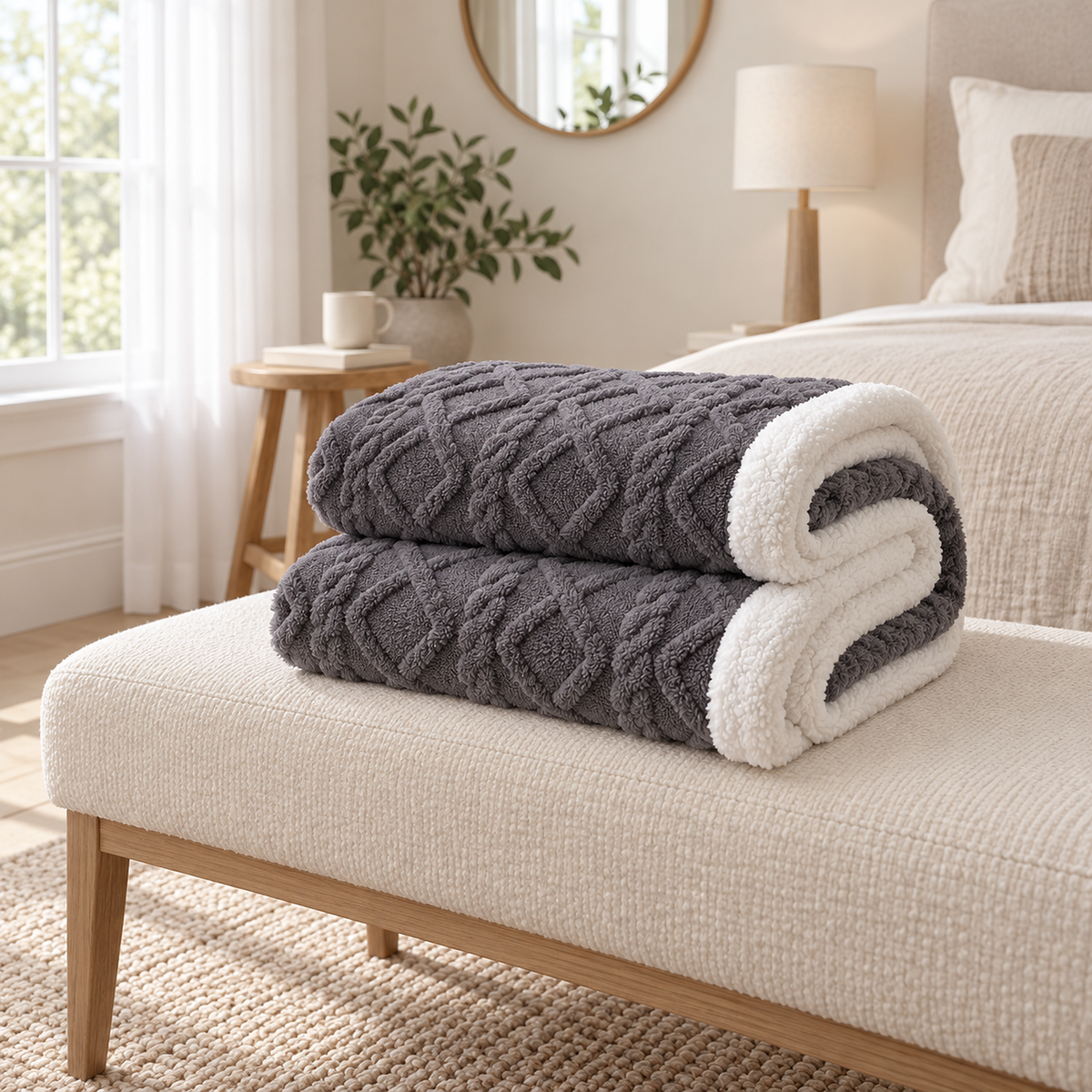 Mosilen charcoal and white throw blanket folded in a dressing alcove to show its relaxed layers and thickness