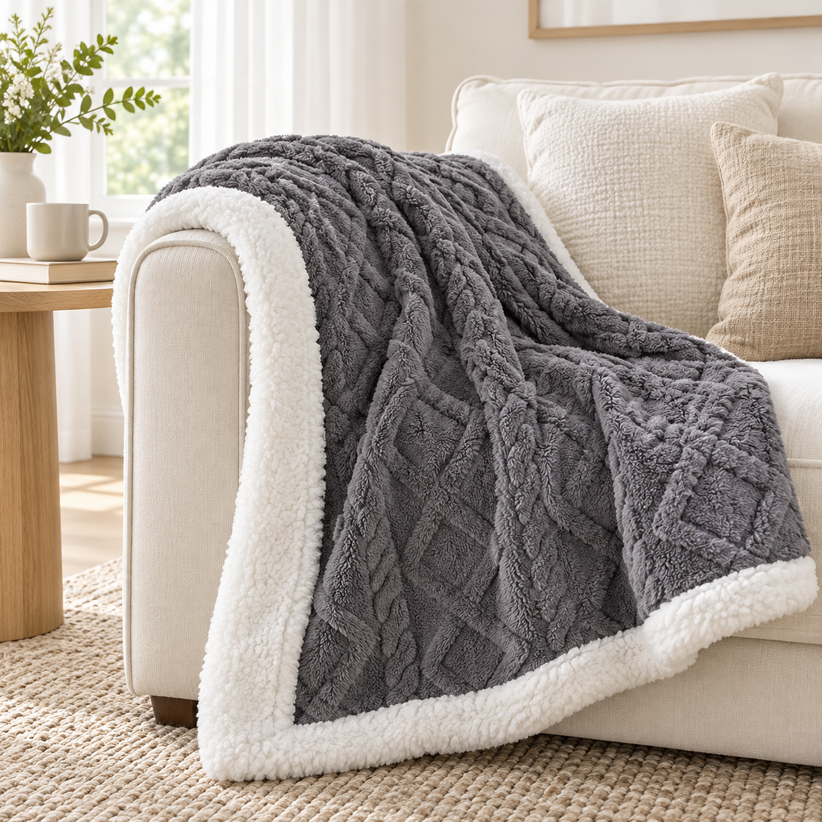 Mosilen charcoal and white throw blanket for couch draped over an ivory sofa arm in a bright living room