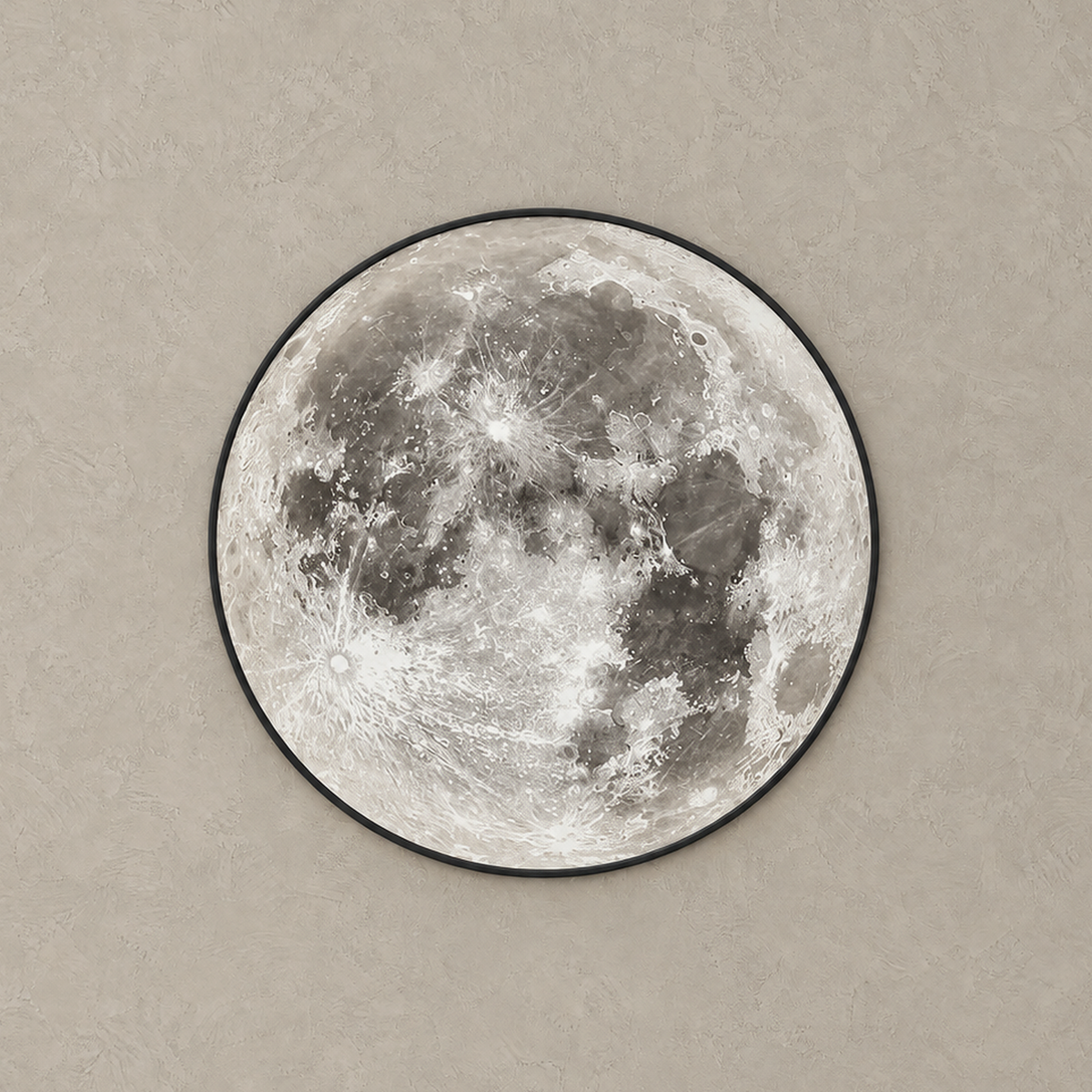 Movantel black LED moon wall light with its unlit round acrylic lunar face seen from the front