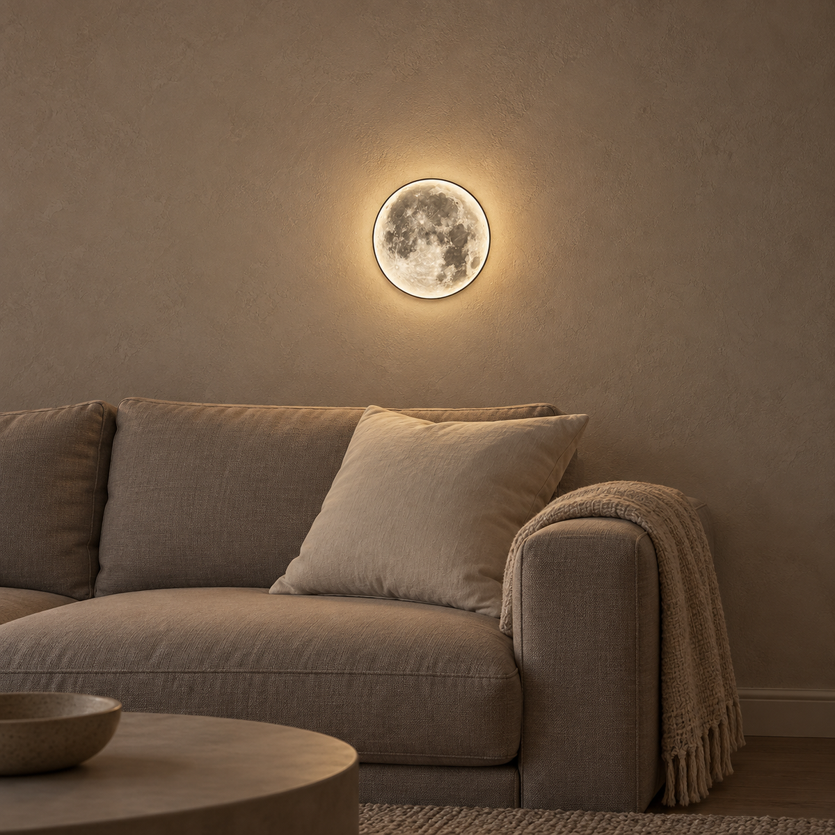 Movantel black LED wall sconce glowing warm white on the wall above a living room sofa