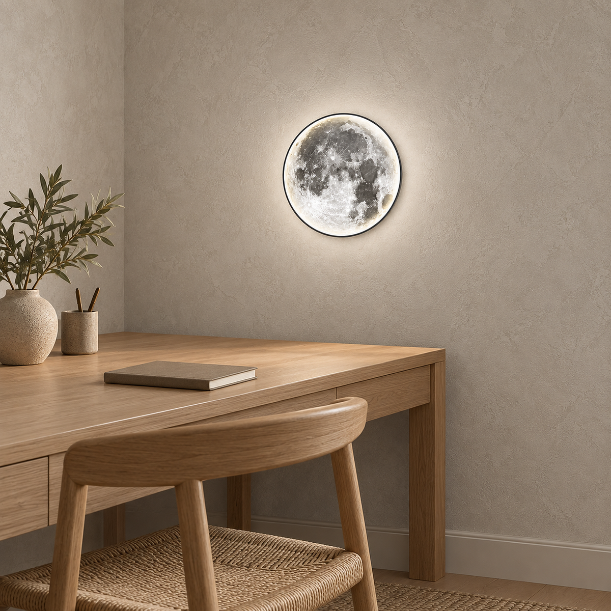 Movantel black LED wall sconce lit cold white on a study wall in daylight