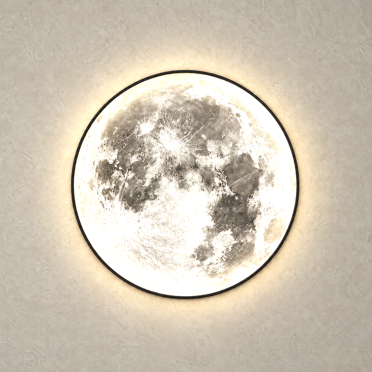 Movantel black LED wall sconce showing its illuminated moon face straight on