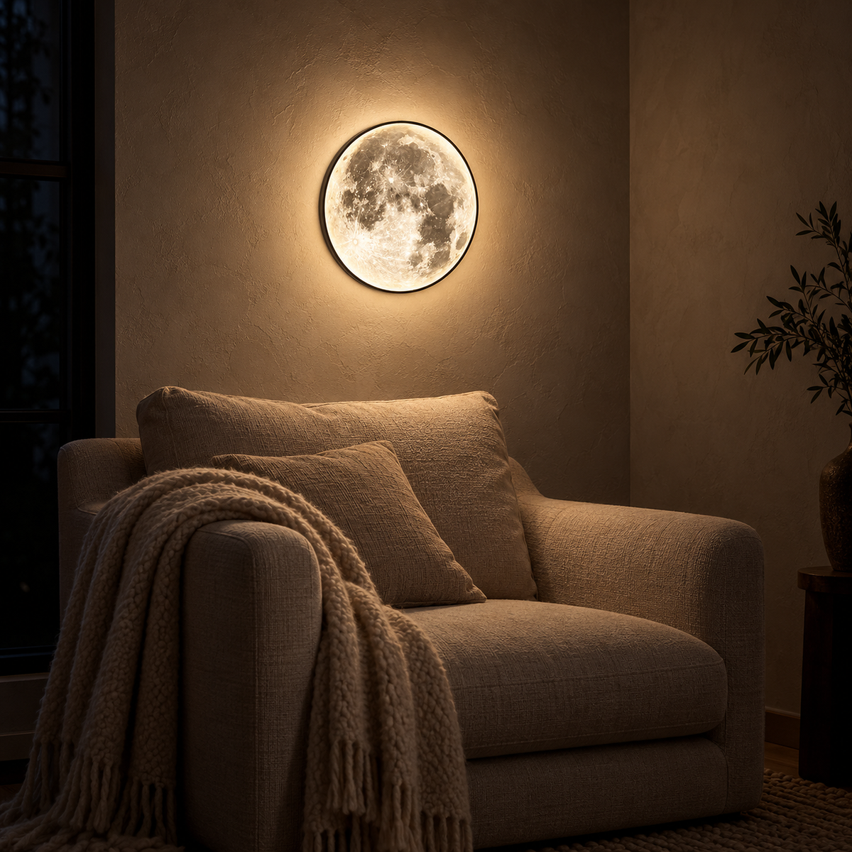 Movantel black moon wall light casting a warm white glow in a nighttime reading snug