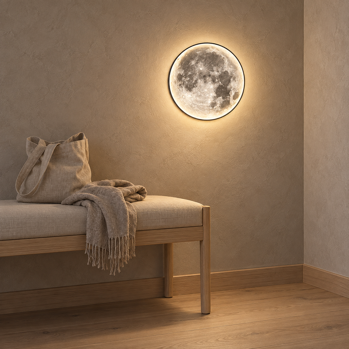 Movantel black moon wall sconce glowing above an entryway bench in soft indoor light