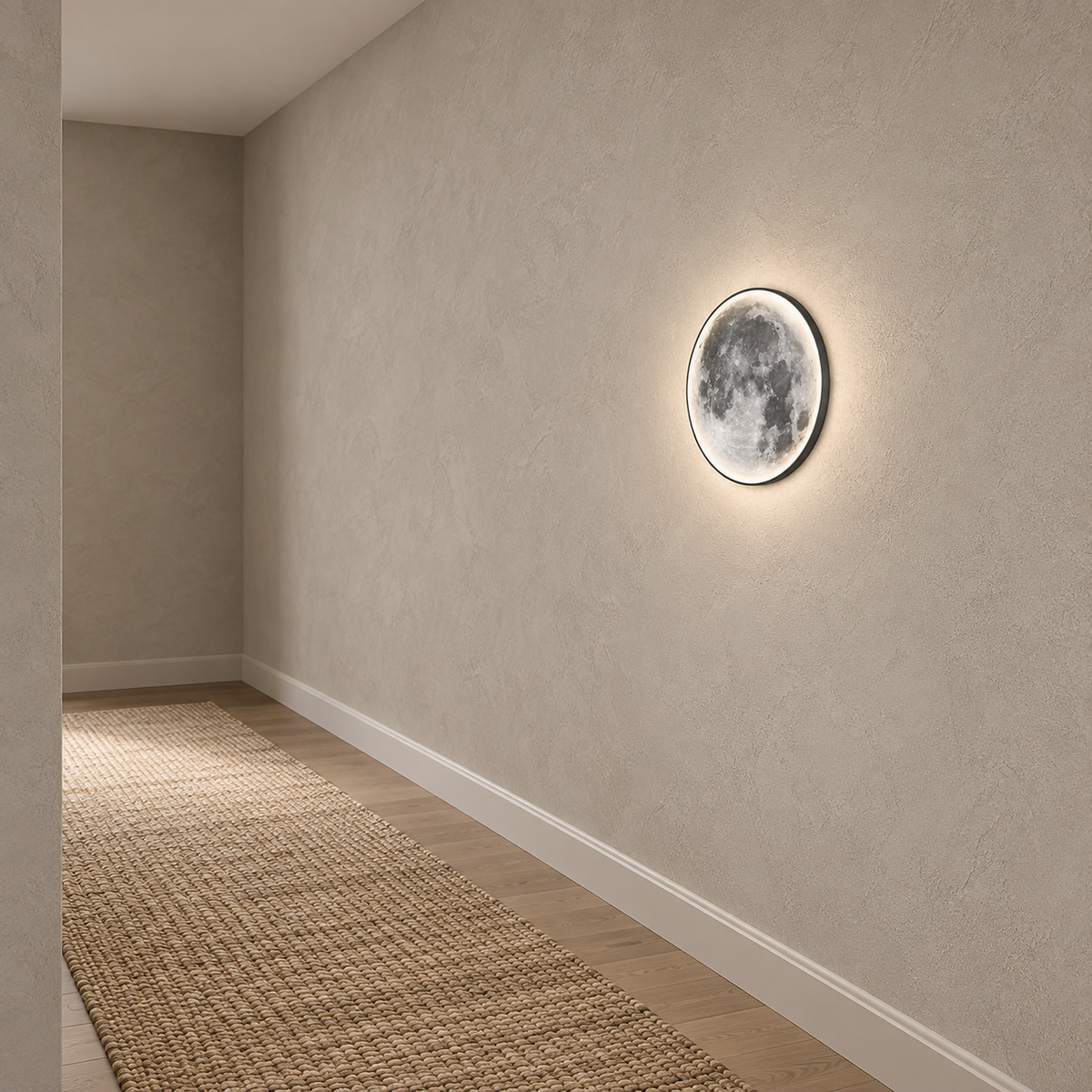 Movantel black moon wall sconce lit and surface mounted on bare hallway plaster