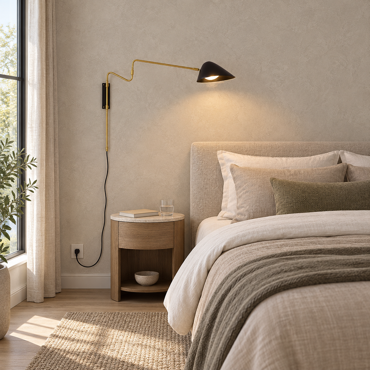 Movresa black bedside wall light glowing in a bedroom with its power cable in the outlet