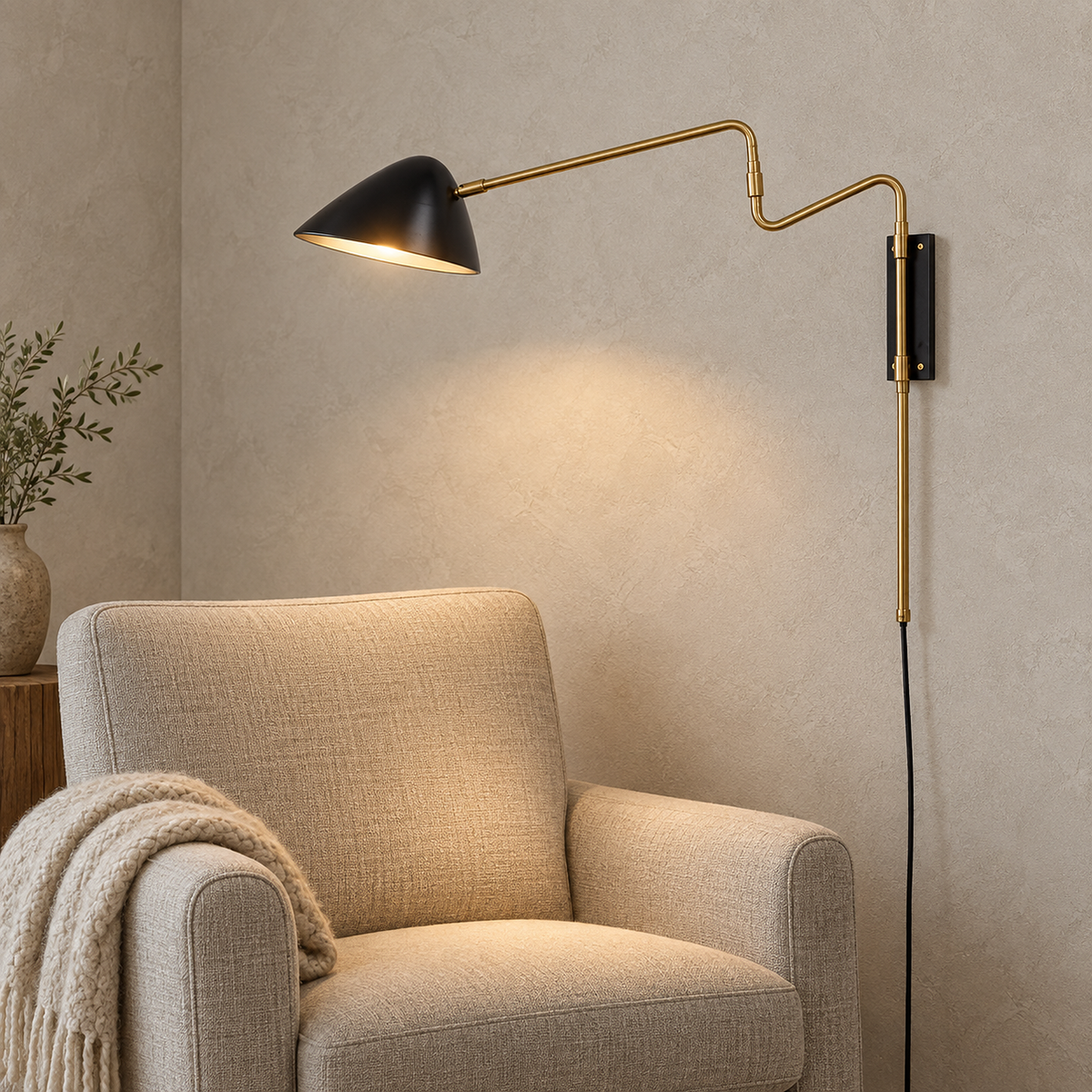 Movresa black wall lamp lit and reaching over an oatmeal reading nook chair