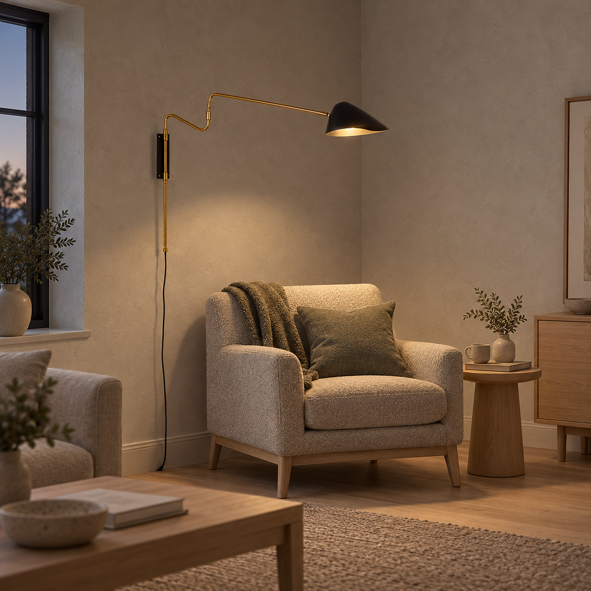 Movresa black wall light lit above a living room chair with its arm swung outward