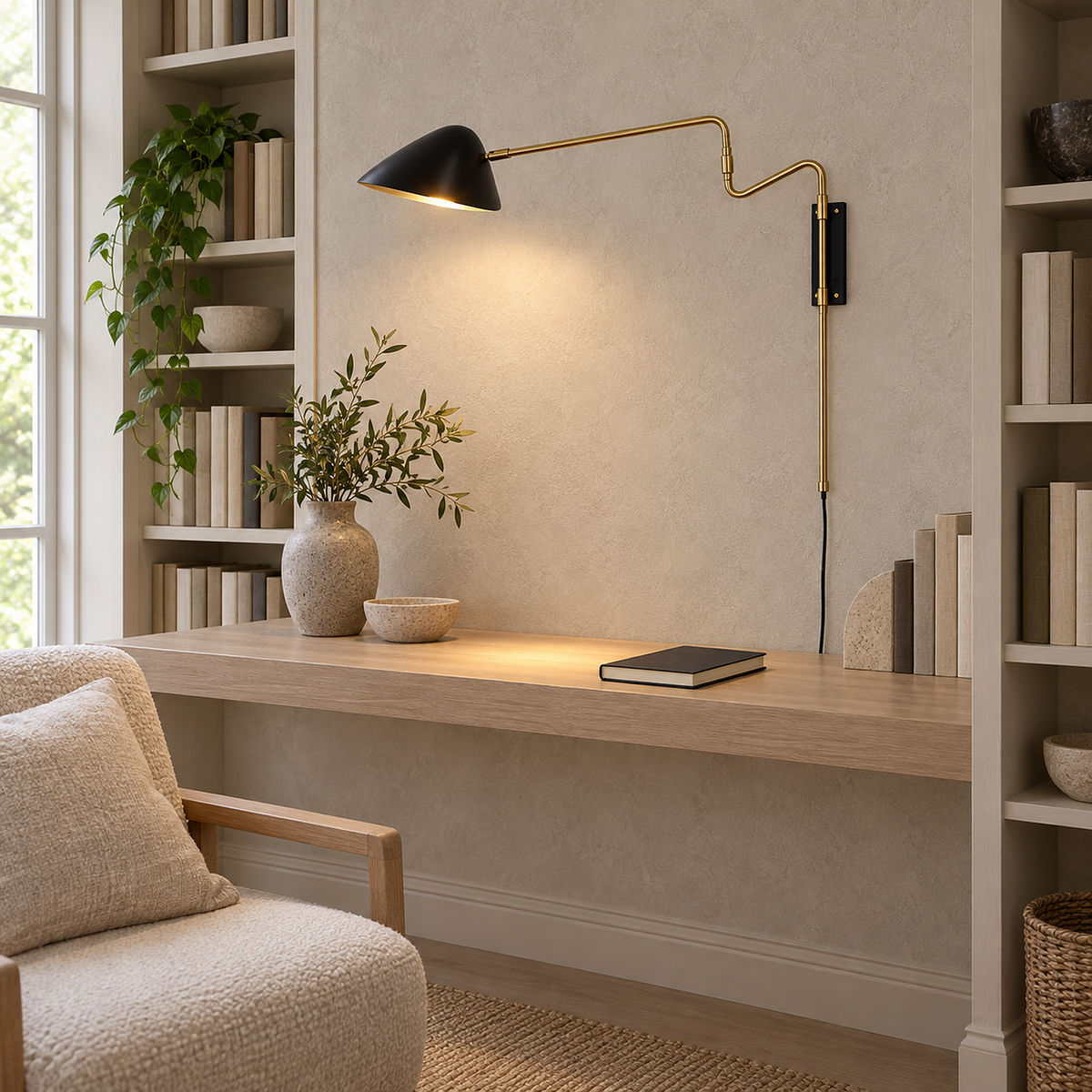 Movresa black wall light with the shade aiming its glow onto a library ledge
