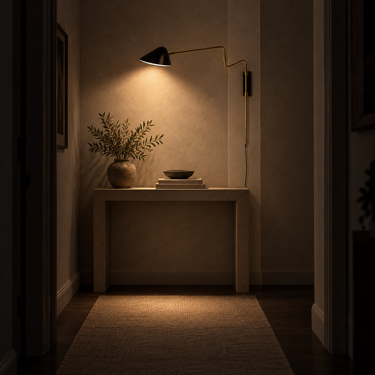 Movresa black wall sconce lit at night showing its narrow backplate on hallway plaster