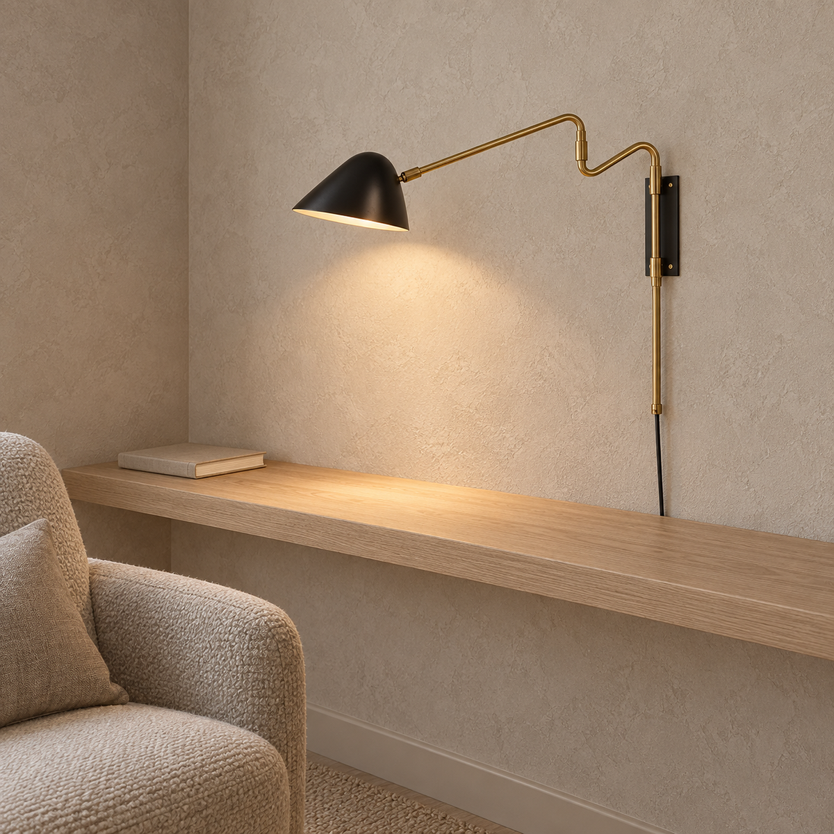 Movresa black wall sconce lit with its arm folded back toward the library plaster