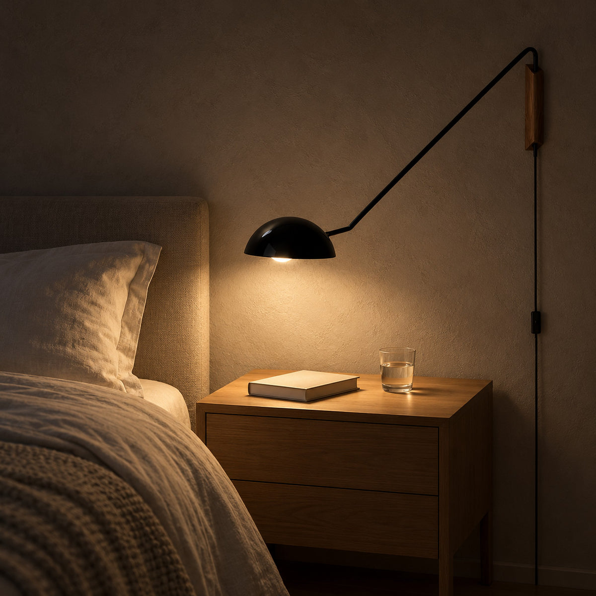 Nalesio black bedside wall light casting warm light from its dome onto belongings on the nightstand