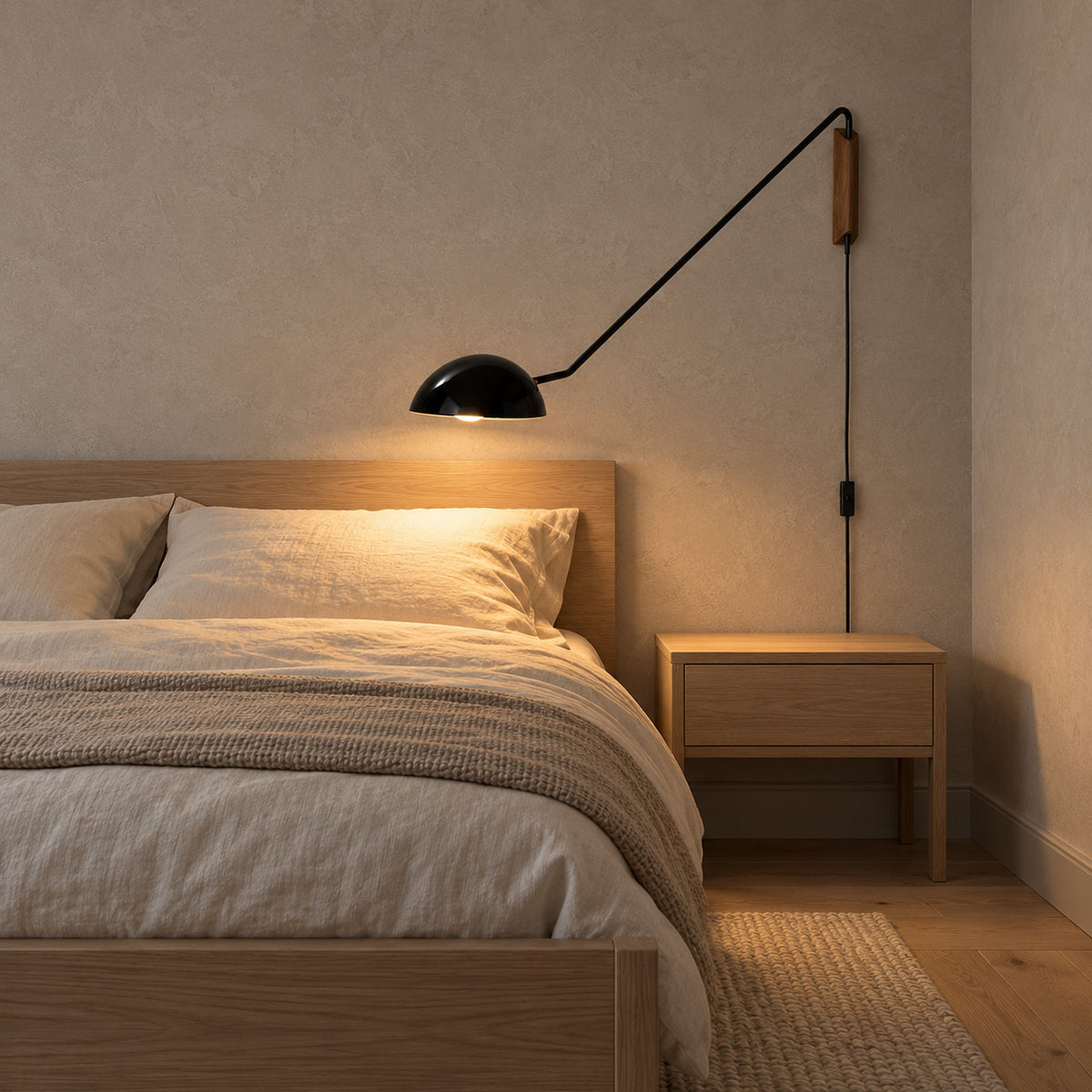 Nalesio Black wall lamp with a long arm extending over a bed beside an empty wooden nightstand.