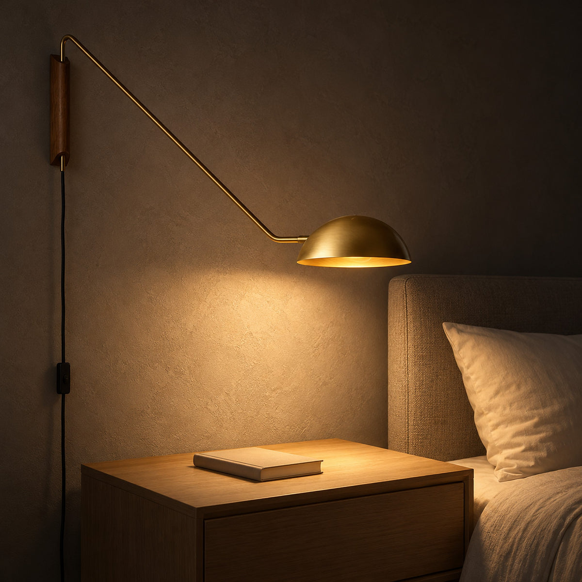 Nalesio gold bedside wall light casting a warm downward pool of light at night #color_gold