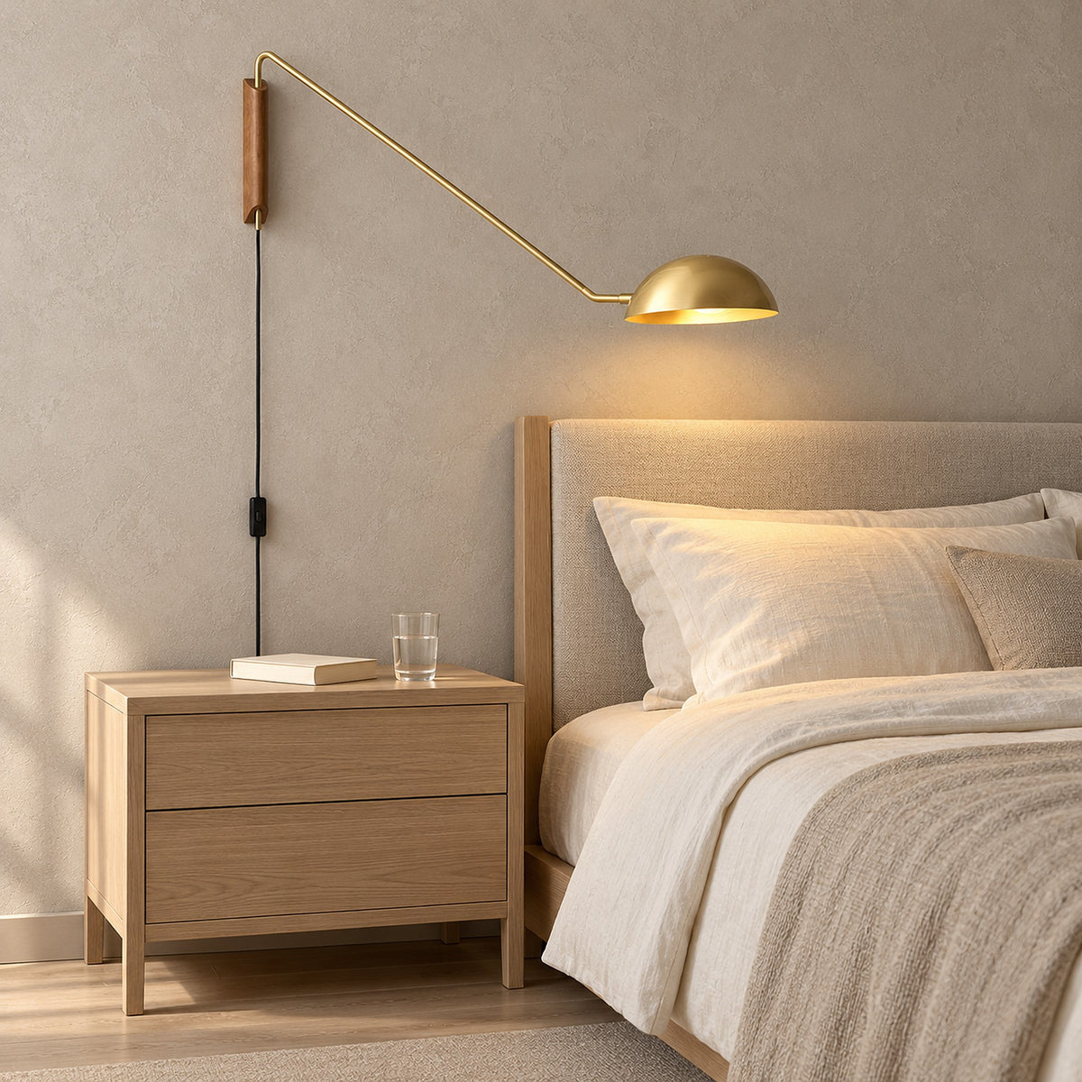 Nalesio gold wall lamp lit with warm light above a clear guest nightstand in daylight #color_gold
