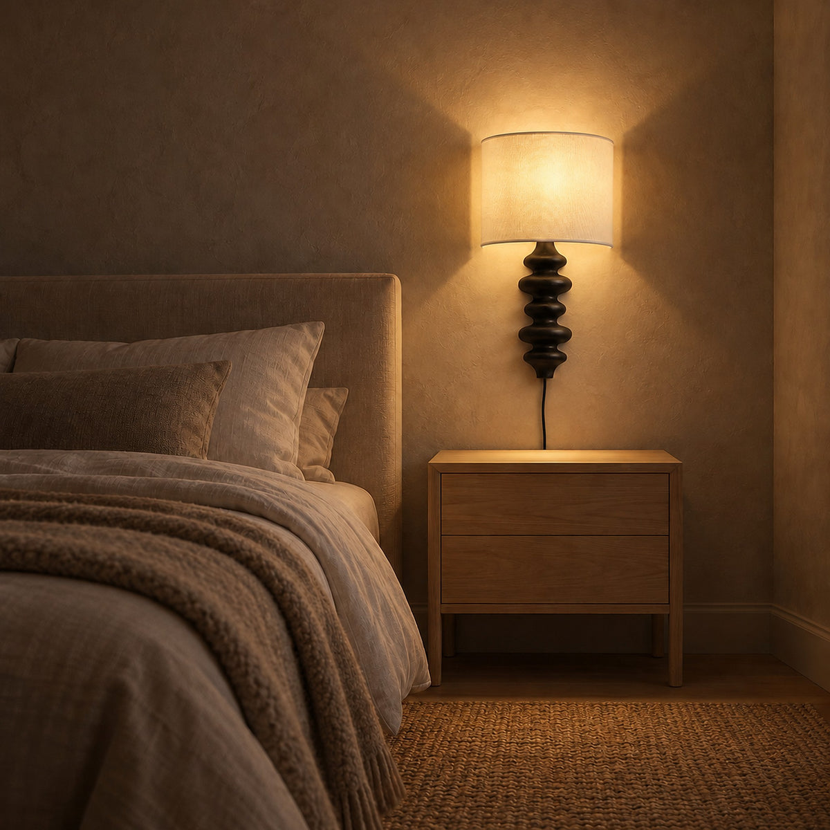 Nalimor black wall light glowing over bedroom linen and plaster at night