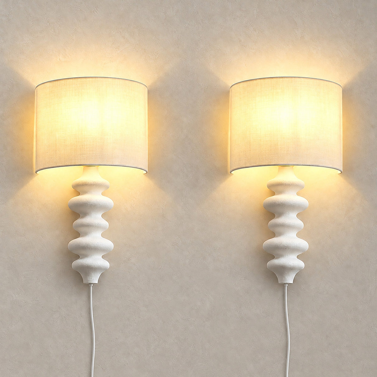 Nalimor white plug in wall light set of 2, a lit pair with linen shades #color_white