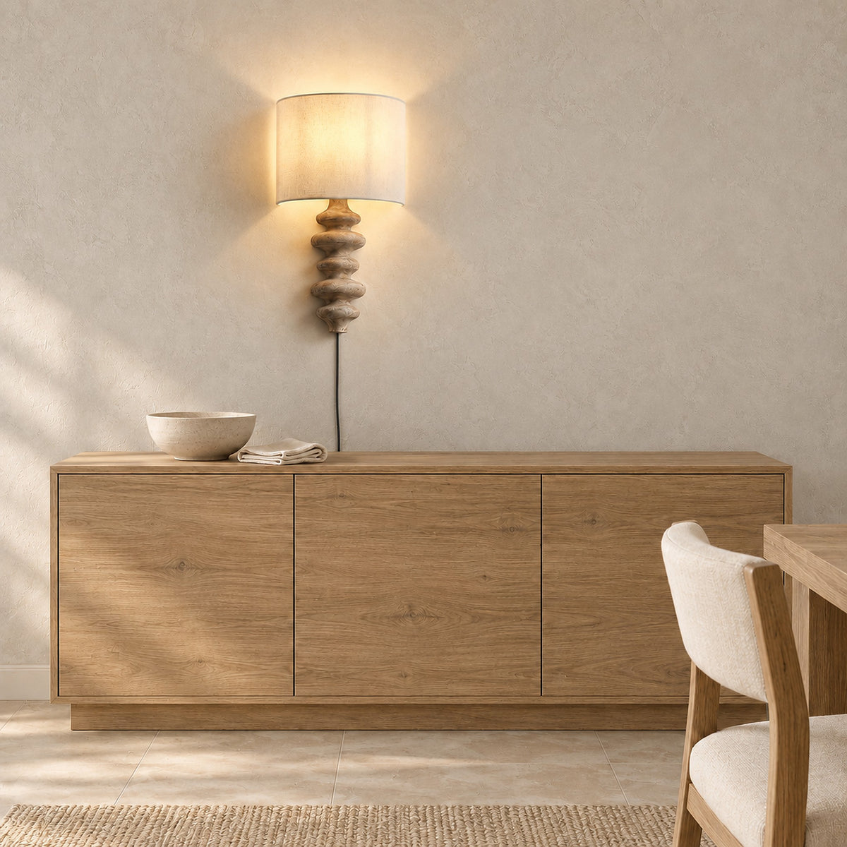 Nalimor wood color wall light lit above dining room furniture in daylight #color_wood color