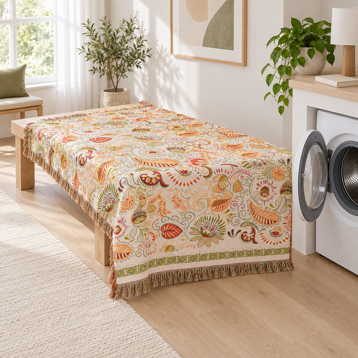 Nalisca cotton throw blanket in multicolored & cotton beside an open washing machine for a machine wash