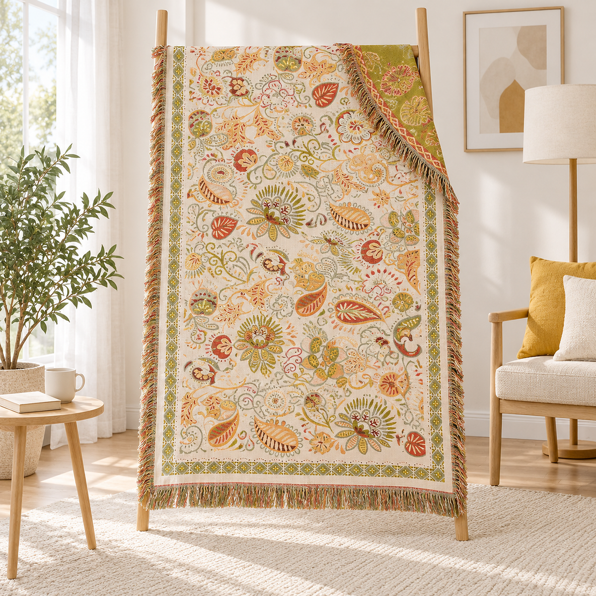 Nalisca cotton throw blanket in multicolored & cotton hanging fully open on a blanket ladder between uses
