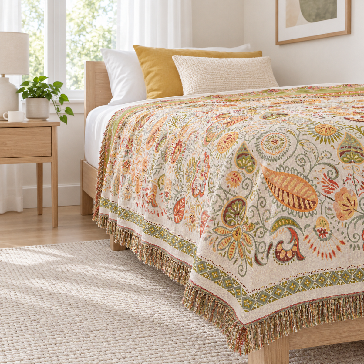 Nalisca cotton throw blanket in multicolored & cotton hanging in a single layer beside a twin mattress