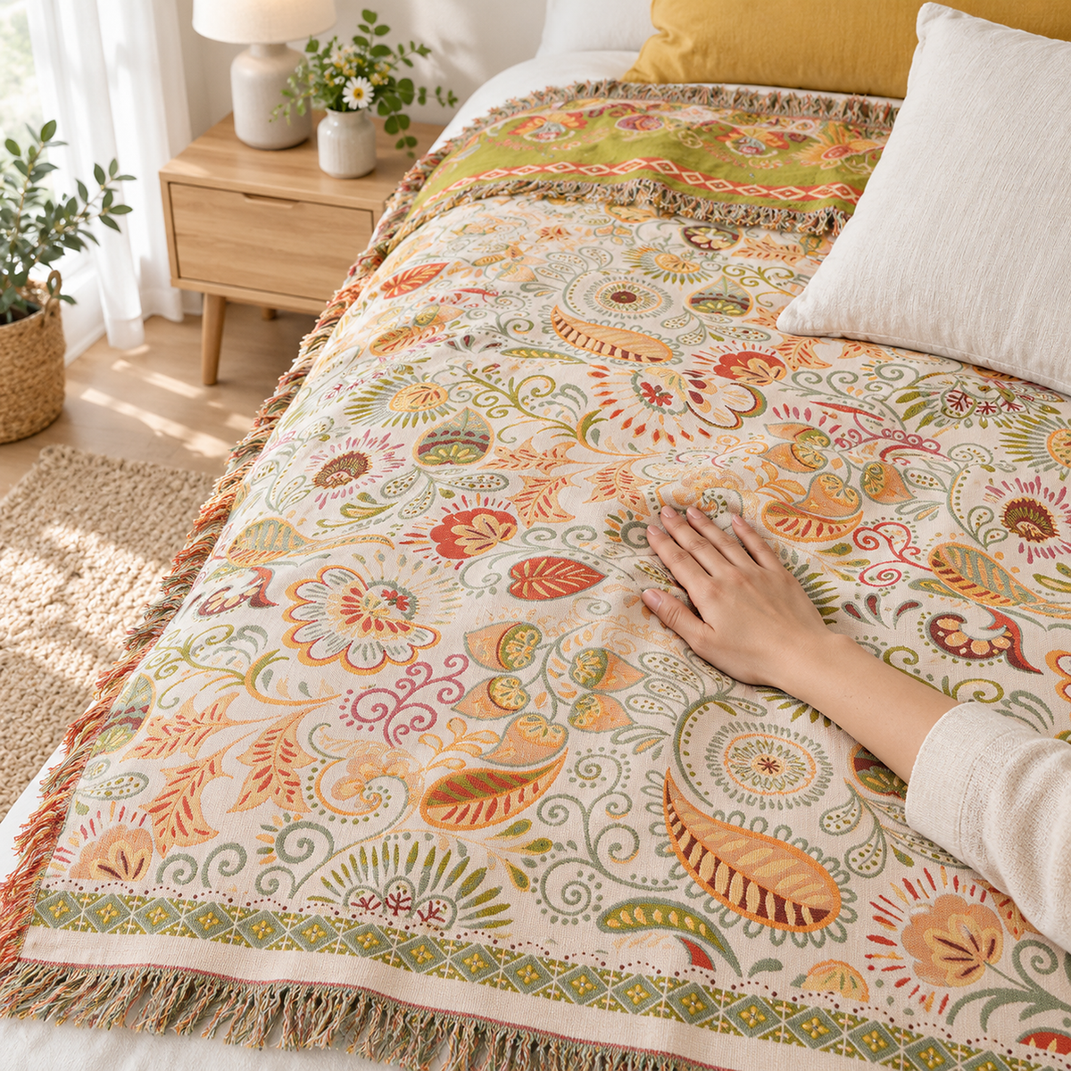 Nalisca soft throw blanket in multicolored & cotton being smoothed by an adult hand beside a pillow