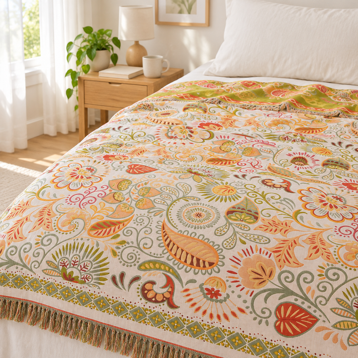 Nalisca soft throw blanket in multicolored & cotton spread beside pillows in a furnished bedroom
