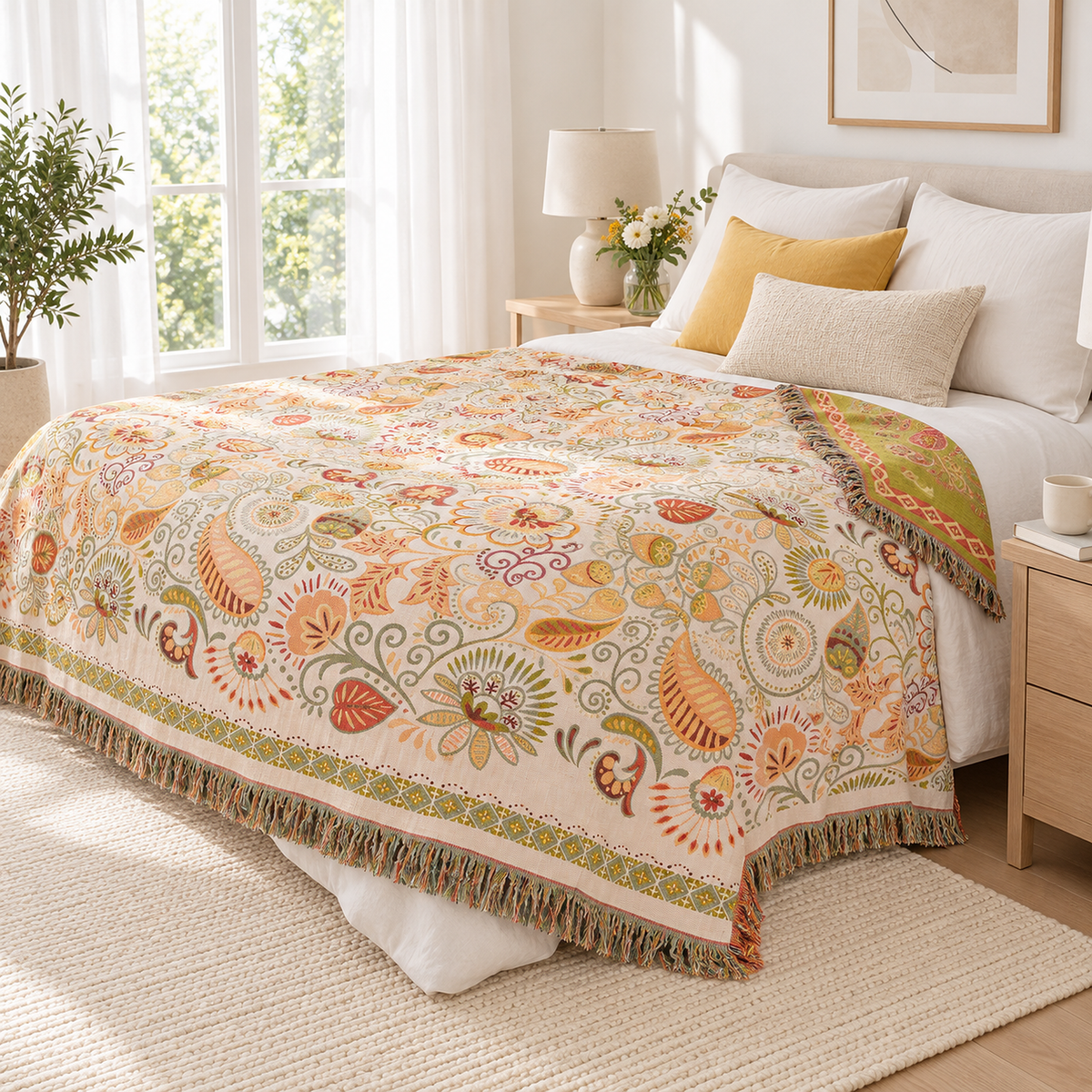 Nalisca throw blanket in multicolored & cotton showing its short side drop on a guest bed