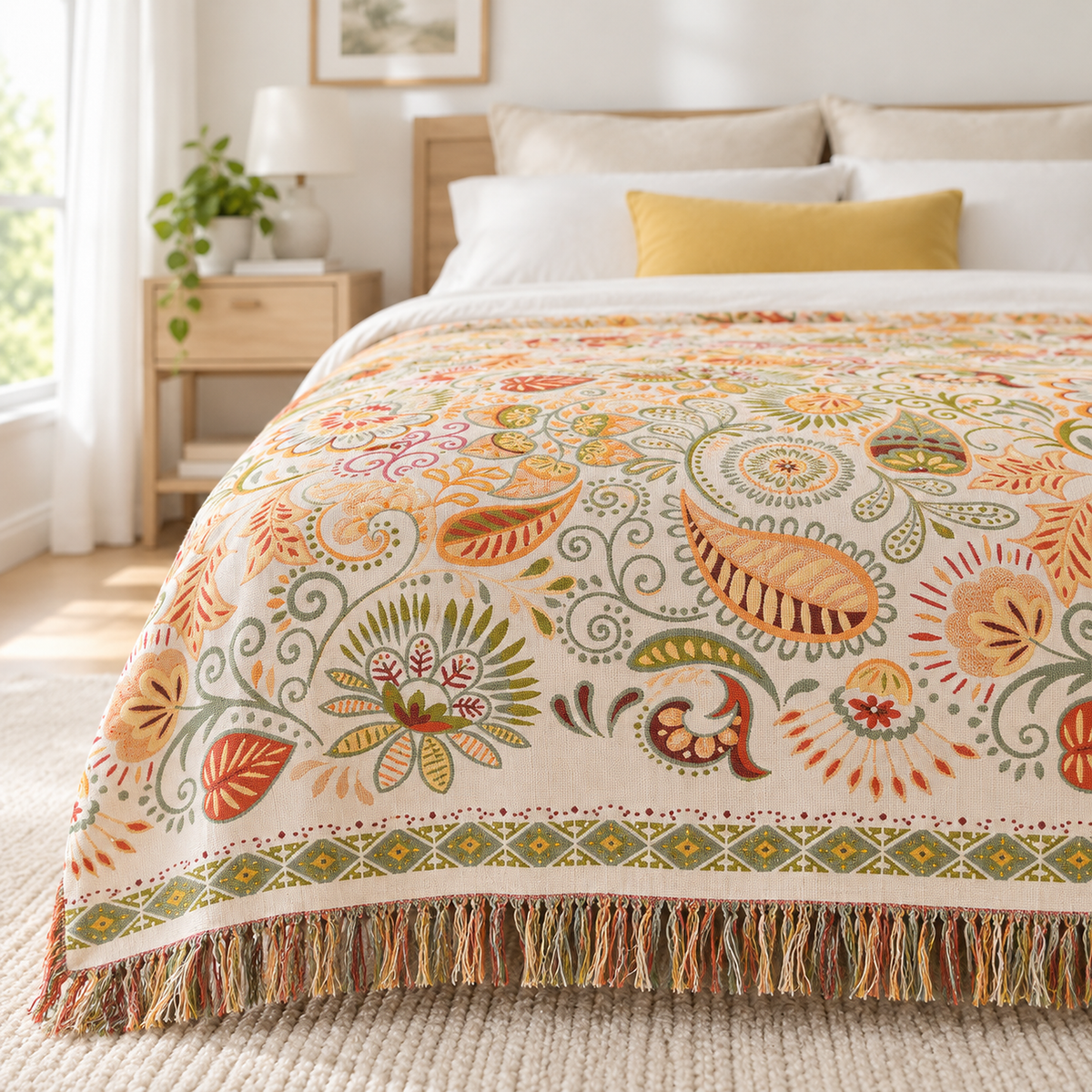 Nalisca throw blanket in multicolored & cotton with tassel fringe edging below its patterned border