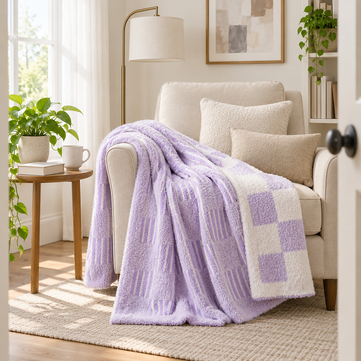 Nalisero lavender and white check and stripe plush throw blanket draped over an armchair arm and seat