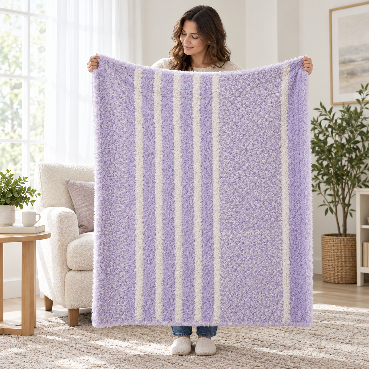 Nalisero throw blanket held fully open by an adult beside a family room reading chair to show its 50 by 60 inch size