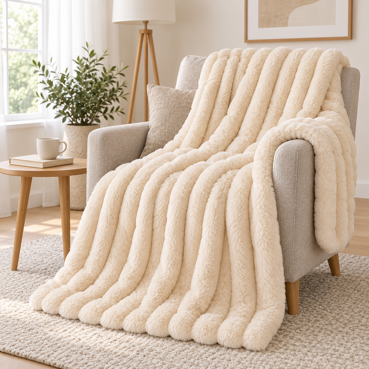 Nalomira ivory white soft throw blanket draped beside a reading seat in a bright corner #color_ivory white