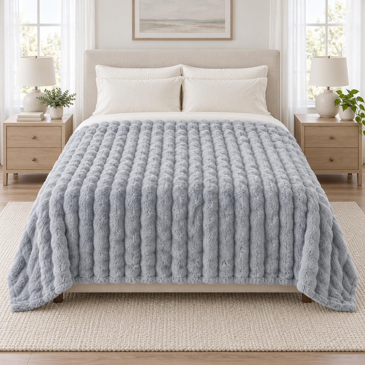 Nalomira light gray fleece throw blanket spread fully across a made bed in a bright bedroom