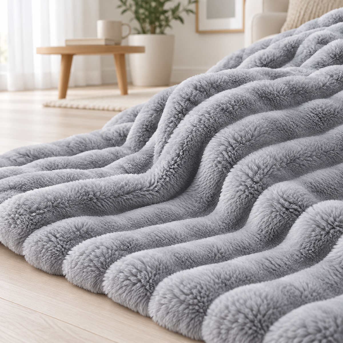 Nalomira light gray plush fleece blanket close up showing the raised ribs and recessed channels