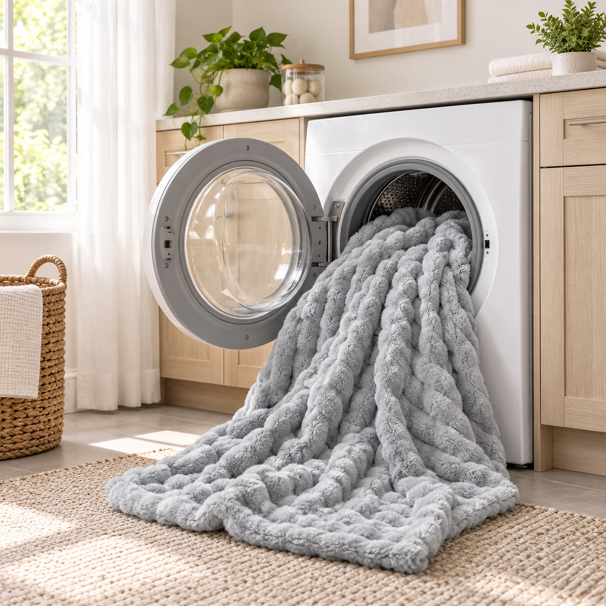 Nalomira light gray plush fleece blanket in the laundry room ready for a cold gentle machine wash