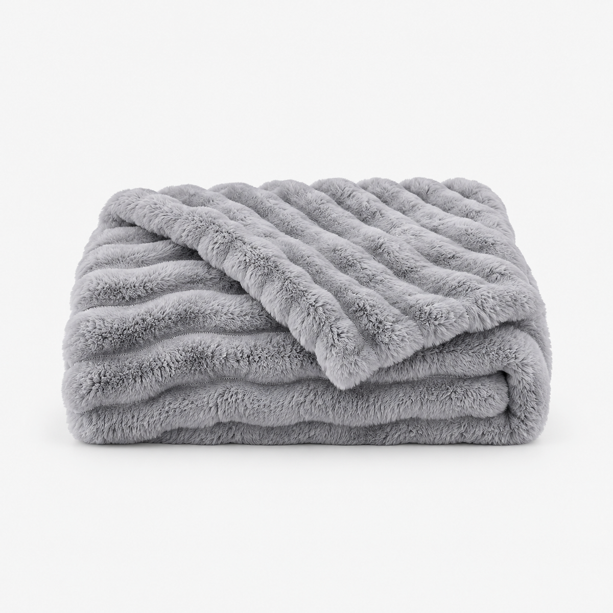 Nalomira light gray plush fleece blanket loosely folded on a plain white background