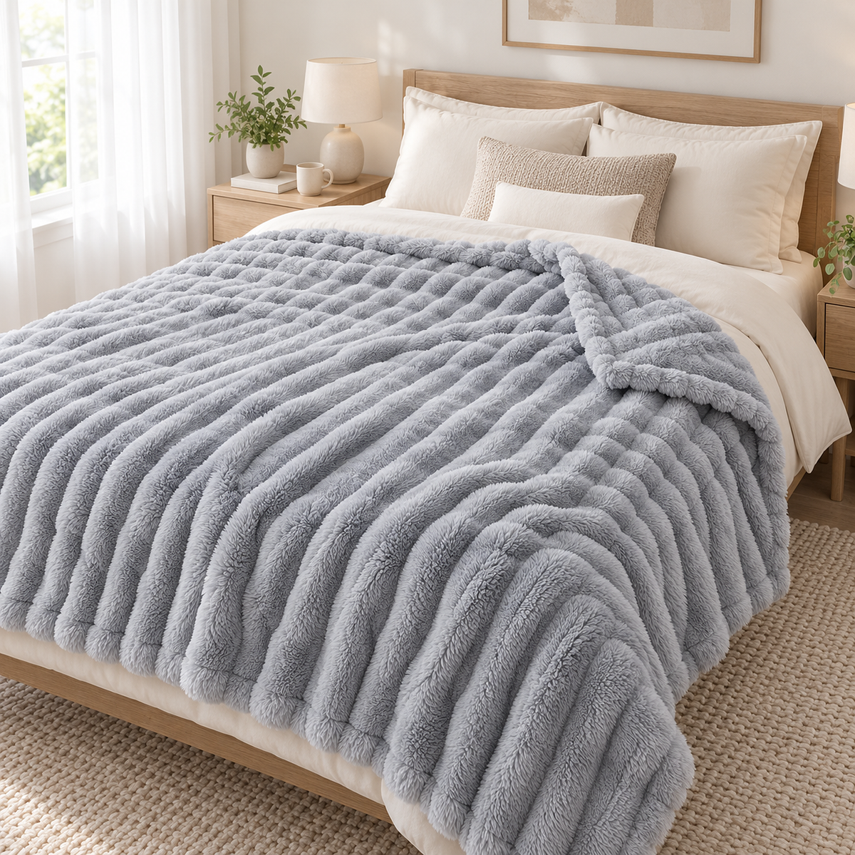 Nalomira light gray plush throw blanket on a made bed with one corner turned back to show the reverse