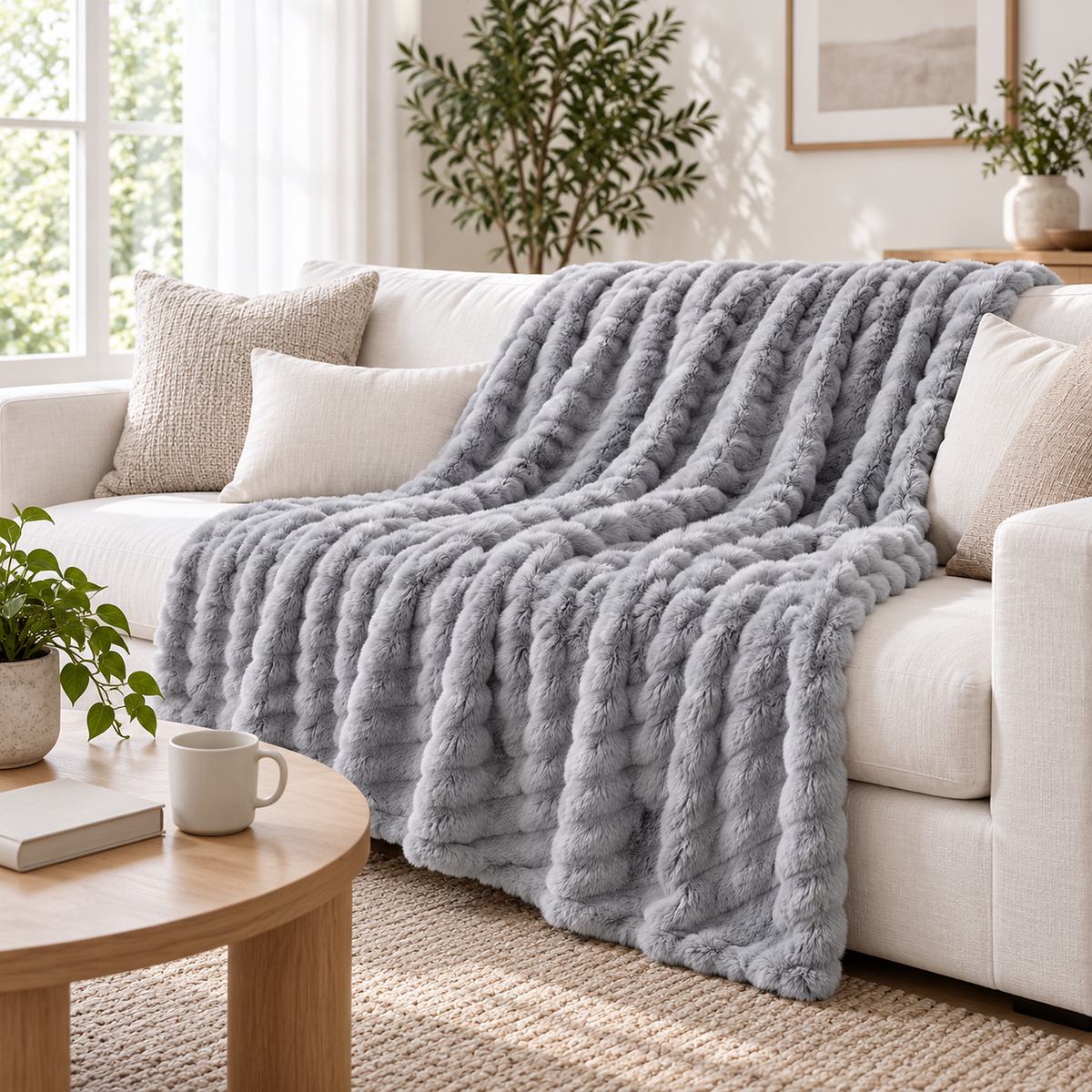 Nalomira light gray plush throw blanket opened across the sofa seating area for movie nights
